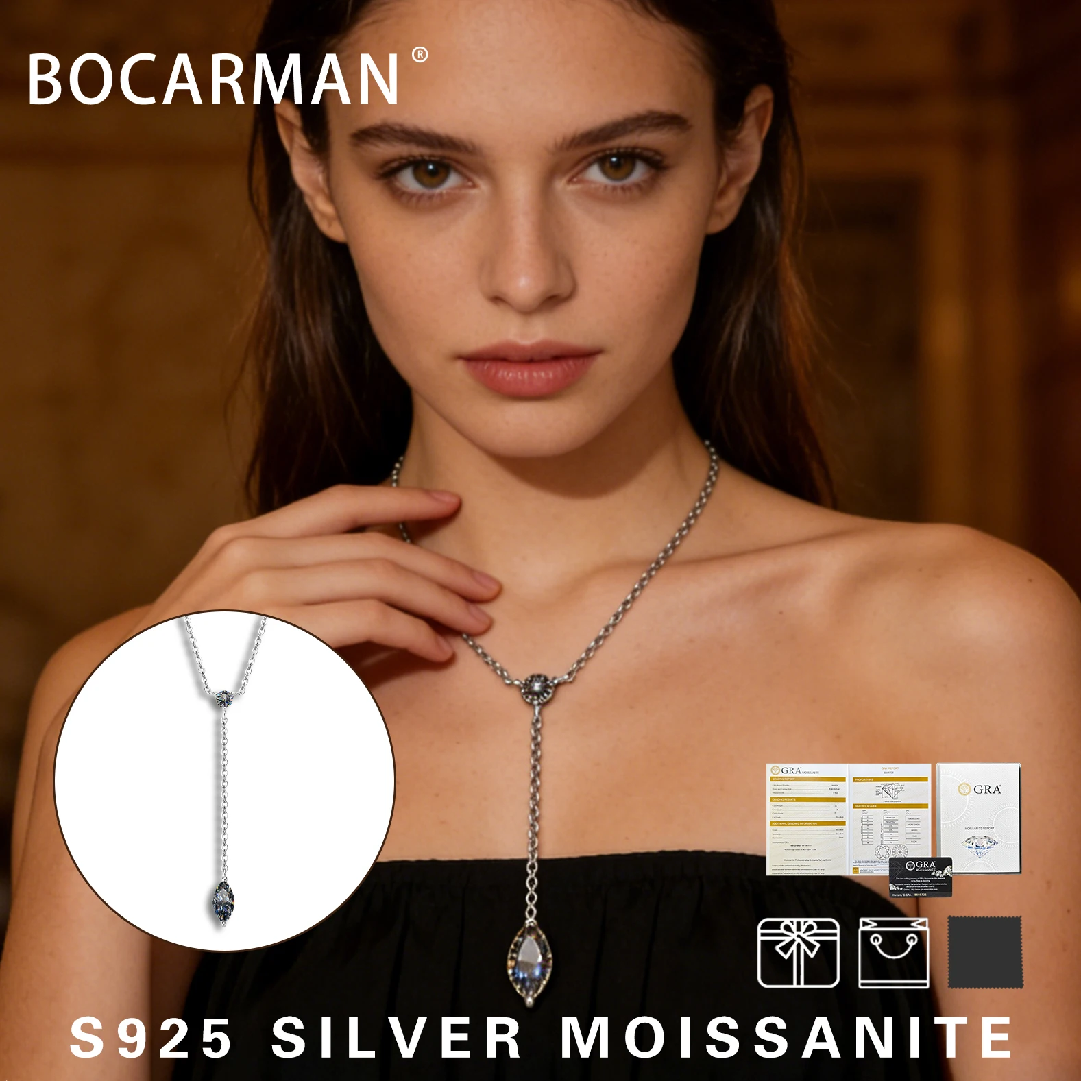 

S925 silver plated platinum and golden GRA Gray Moissanite Marquise shape pendant women's necklace fine jewelry simple Elegant