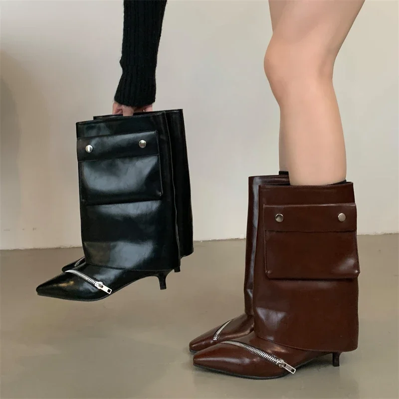 Aneikeh Autumn Fashion Pointed Toe Thin Low Heels Ankle Boots Design Splicing Button Pocket Zipper Women Banquet Ladies Shoes