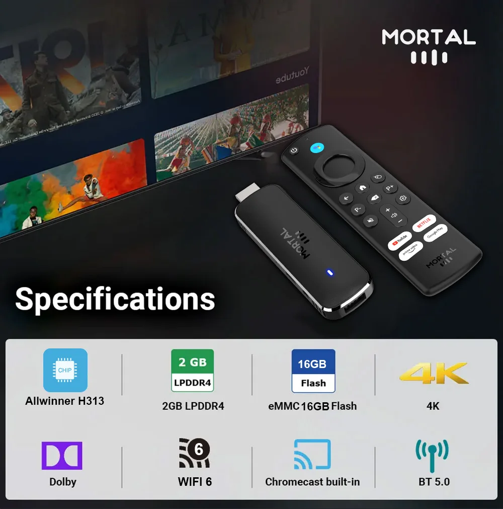 2025 Terbaik Android 14.0 Smart Android TV Stick Mortal Q8 AllwinnerH313 Mendukung Dolby 4K Pabrik Harga Termurah Mini TV Stick