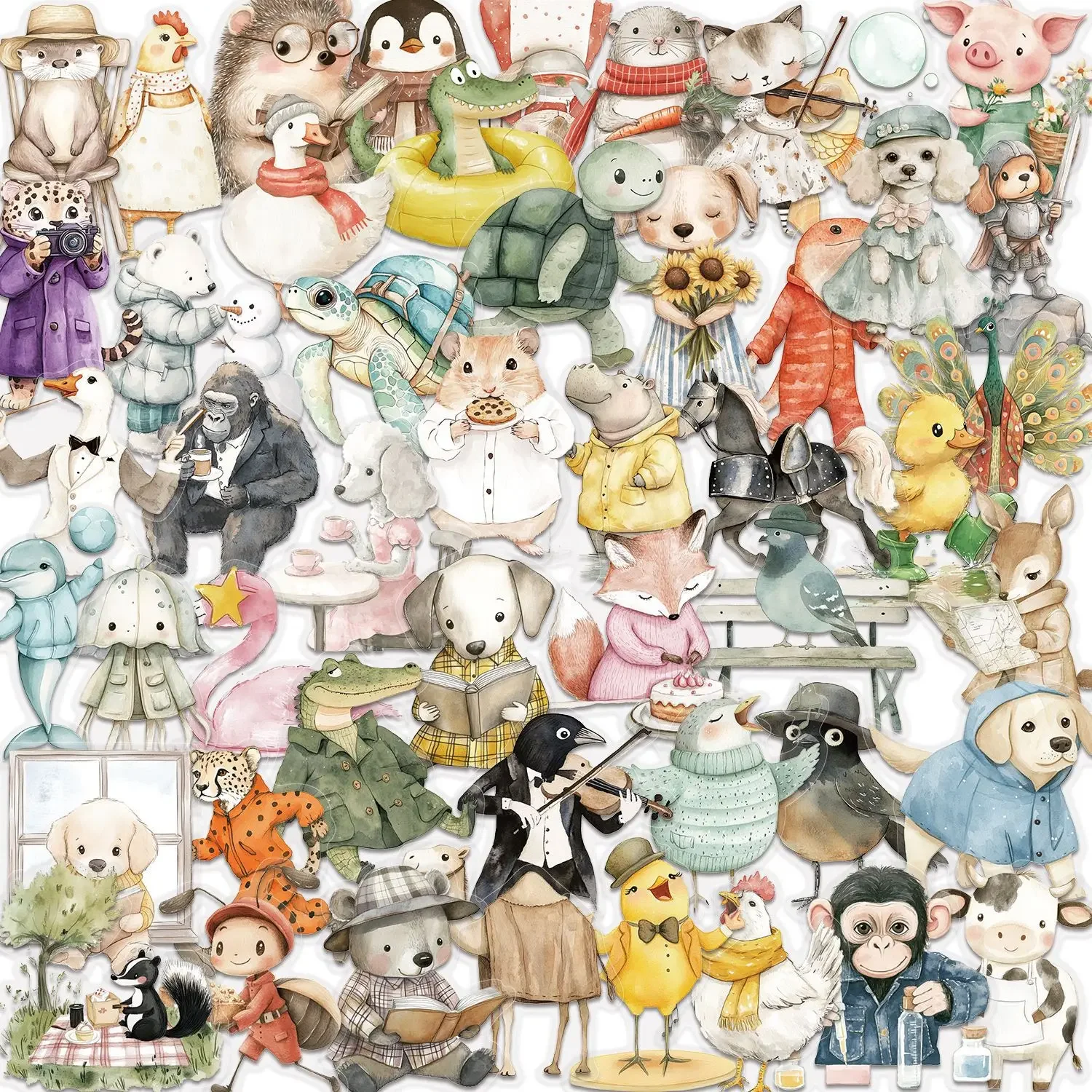50PCS Cute Watercolor Animal Stickers, PET Transparent Cartoon Decals for Journal Phone Laptop Notebook, Waterproof Reward Gift