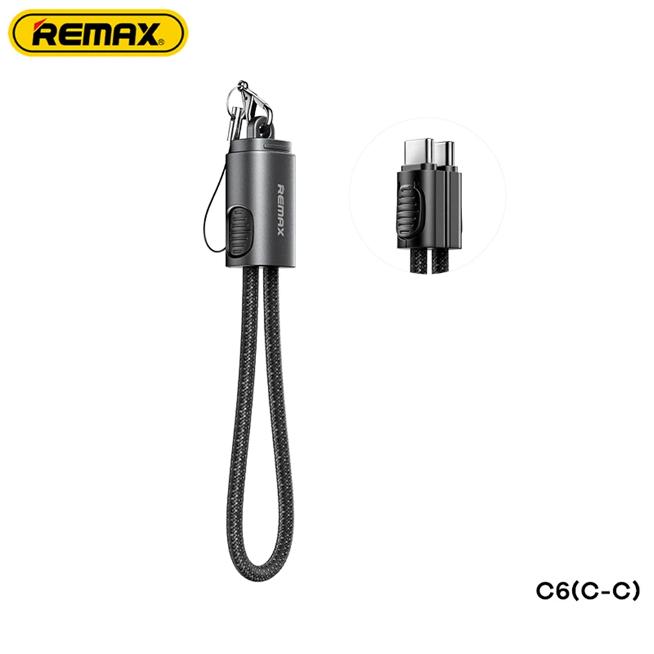 REMAX 65W Zinc Alloy Hanging Rope Braided Data Cable Type-c To Type-c PD65W High Power Fast Charge Usb Cable 20cm Length C6