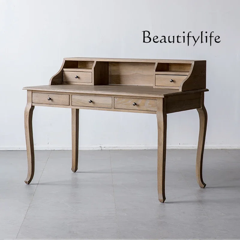 BJ American Oak Solid Wood Desk Home Retro Old Computer Desk Bookshelf With Drawer Desk Room Decoration
