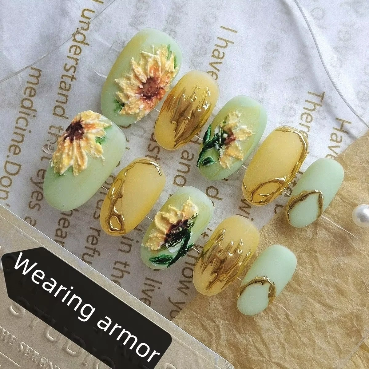 

Sunflower custom press-on nails, hand-painted false nails, cute fancy nails, artist imitation nails, reusable high-quality nails
