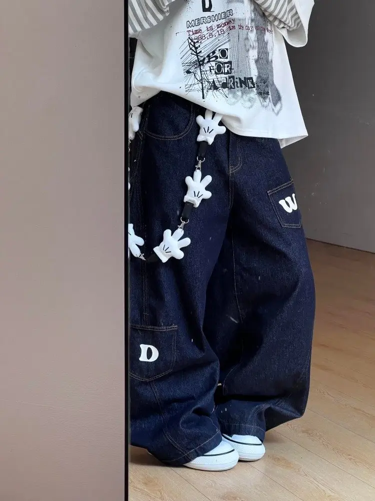 

Trendy High Waist Wide Leg Jeans Women's Autumn High Waist Multi ket American Design Sense Knife Letter Print Pants