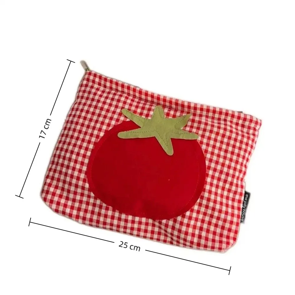 Simple Red Plaid Tomato Makeup Bag Travel Large Capacity Toiletry Pouch Lightweight Cosmetic Case Lipstick Earphones Bag