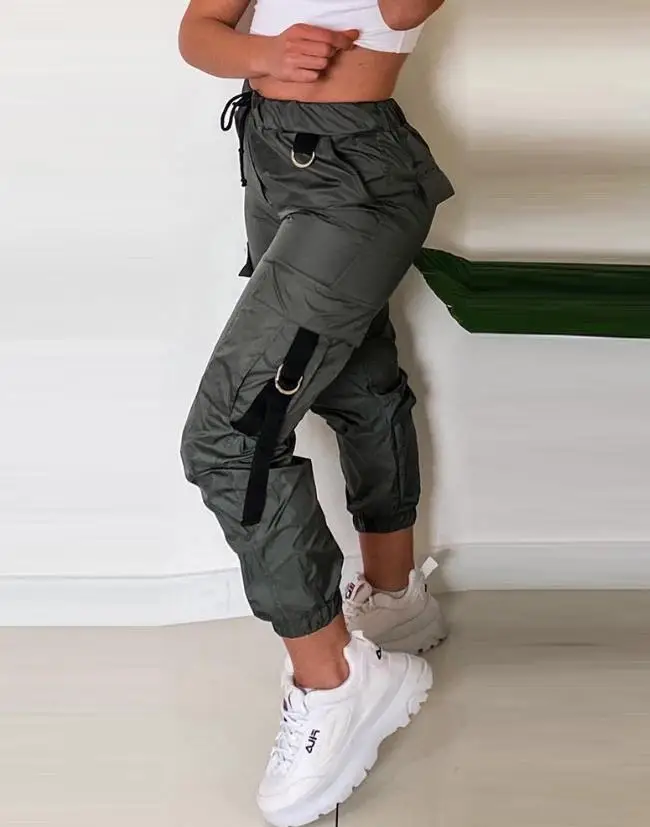 

Women's Pants 2024 Summer New Fashion Casual High Waist Drawstring Tape Patch Pocket Design Cuffed Workwear Pants Pantalon Femme