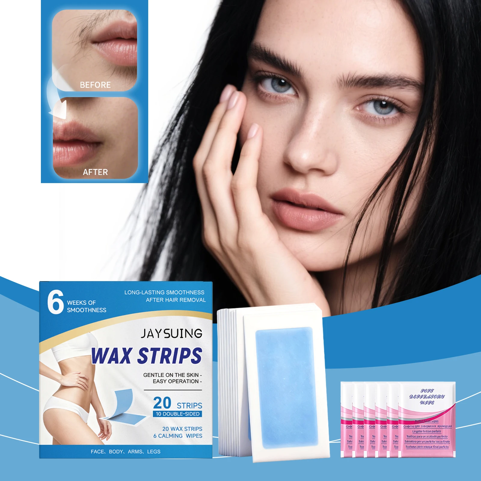 Jaysuing Gentle Hair Removal Wax Strips Painless Easy Use at Home For All Skin Types Face Body Arms Legs Smooth Skin