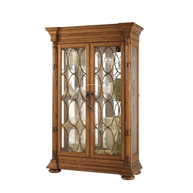 

South East Asia wind solid wood restaurant dishes wine glass display cabinet rattan bamboo double glass door wine cabinet