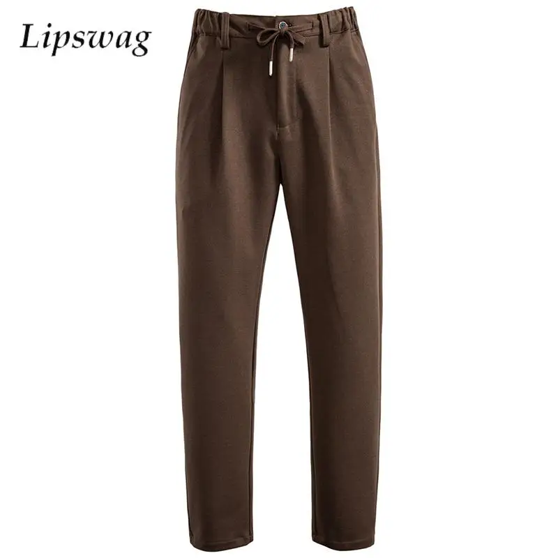 

New Casual Solid Color Straight Trousers Mens Winter Daily Leisure Drawstring Thick Pants Spring Men Fashionable Bottoms