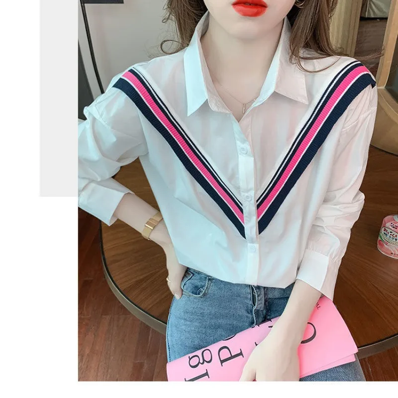 Fashionable Korean 2024 Spring Autumn New Spliced Striped Blouses Women\'s Commute Polo Collar Single-breasted Long Sleeve Shirts