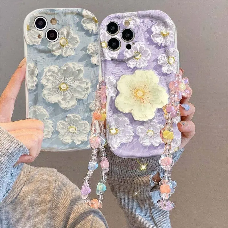 Retro Blue Flowers Phone Chain Case for Infinix Note 30 40 Pro Hot 40 30I 40i 20 30 Play Zero 30 Smart 8 7 TECNO Spark 20 20C