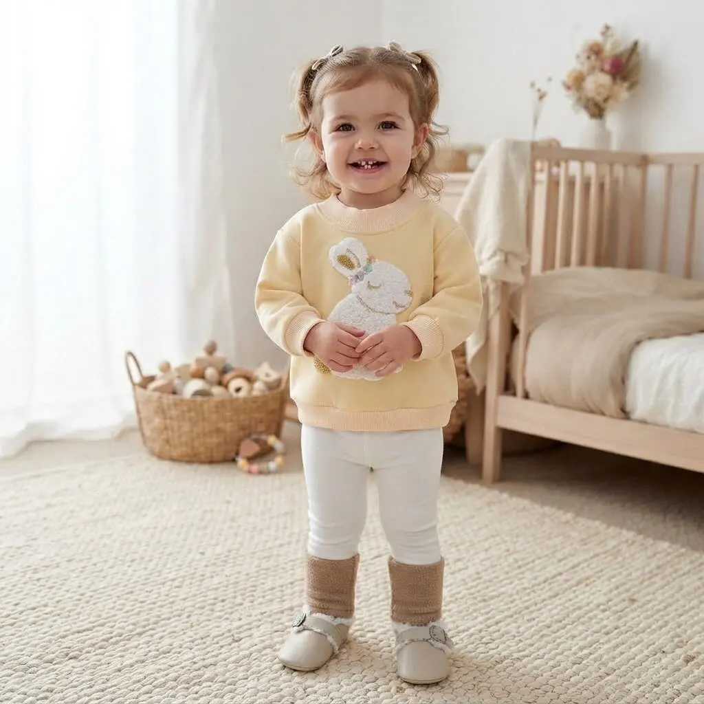 Baby Girl 2Pcs Outfit Cartoon Rabbit Patch Long Sleeve Sweatshirt Color Block Pants Toddler Soft Autumn Clothing Set