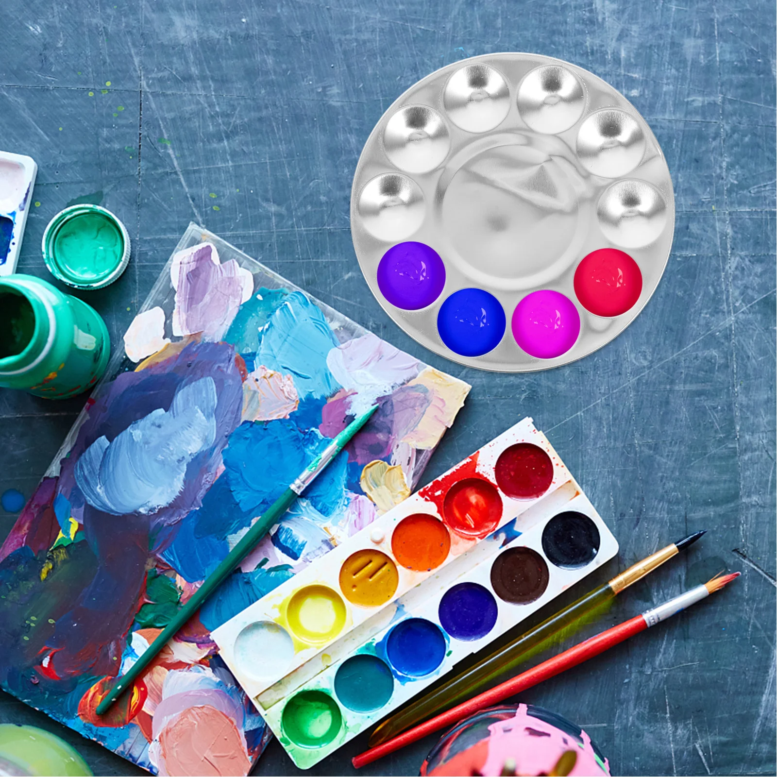 

2Pcs Paint Palettes Aluminum Round Design Reusable Paint Trays for Watercolor Oil Gouache Artist Painting Artist Palette Tray