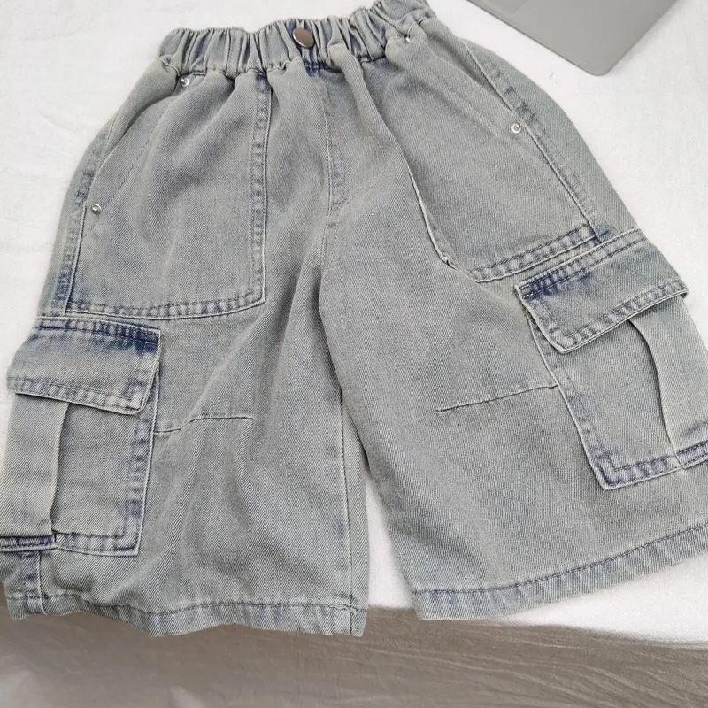 Boys' Workwear Denim Shorts Summer 2026 New Teenage Children's Pocket Design Outdoor Wear Loose Jeans Big Kids Mid-Pants 3-10Yrs