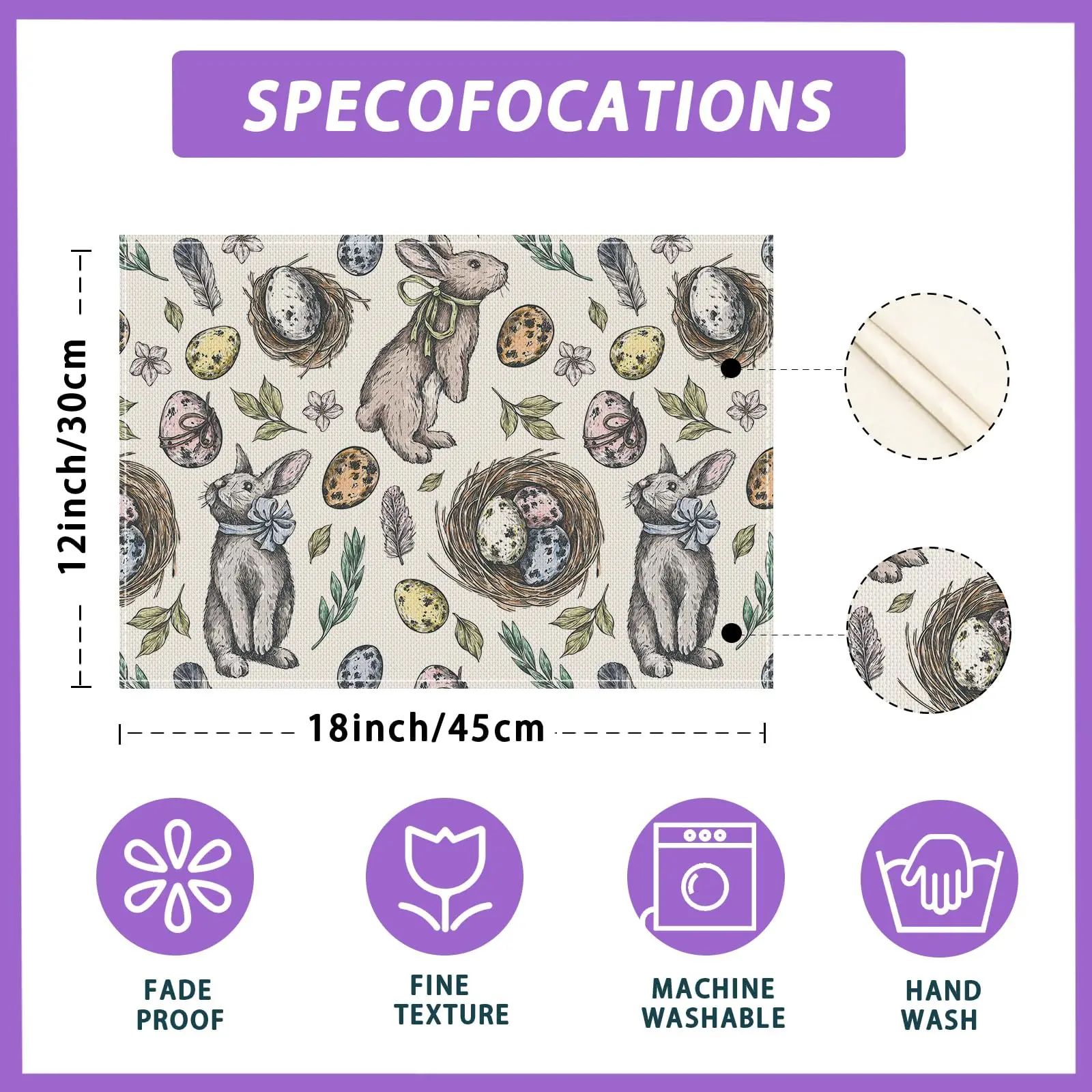 Line Drawing Bunny Eggs Leaves Rabbits Easter Placemats Table Mats for Party Home Kitchen Dining Table Decorations 12x18 Inch