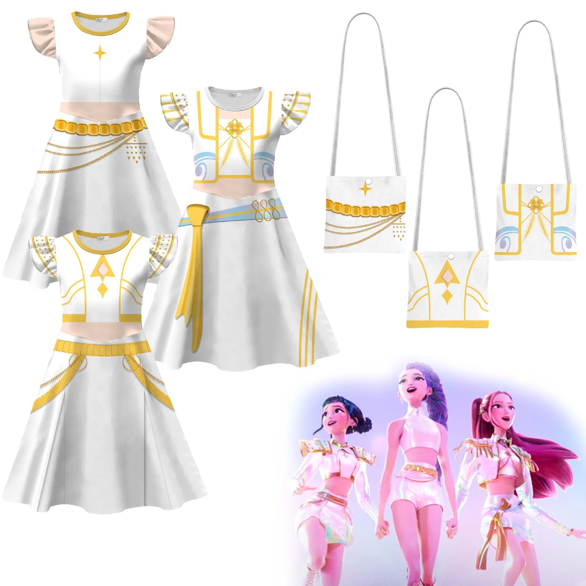 Kpop デーモンハンターズ夏の女の子ドレスバッグ 2 個ハロウィンコスプレ衣装誕生日ギフトフラッタースリーブパーティープリンセスドレス