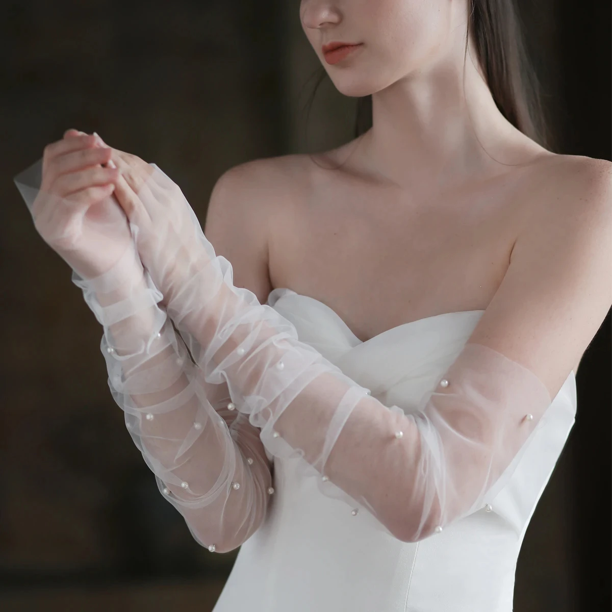 Elegant Wedding Bridal White Fingerless Long Tulle Gloves Lace Mesh Pearl Brides Bridesmaid Sleevelet Wedding Party Supplies