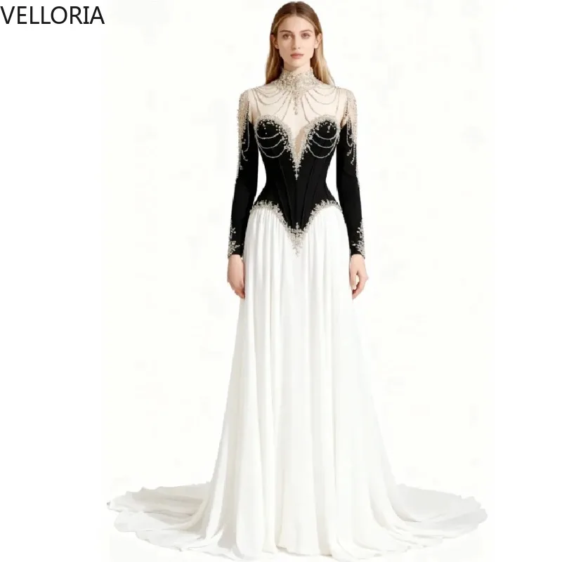 

Luxury Black And White Evening Dress Gothic Beaded Long Sleeve Chiffon Prom Dress Elegant Women Formal Birthday Gown Customized