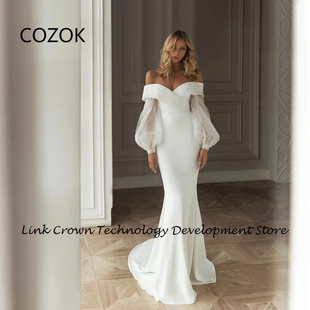 

COZOK Off Shoulder Full Sleeve Wedding Dresses for Women Mermaid Court Train Bridal Gowns with Pleat 2024 Vestidos De Novia