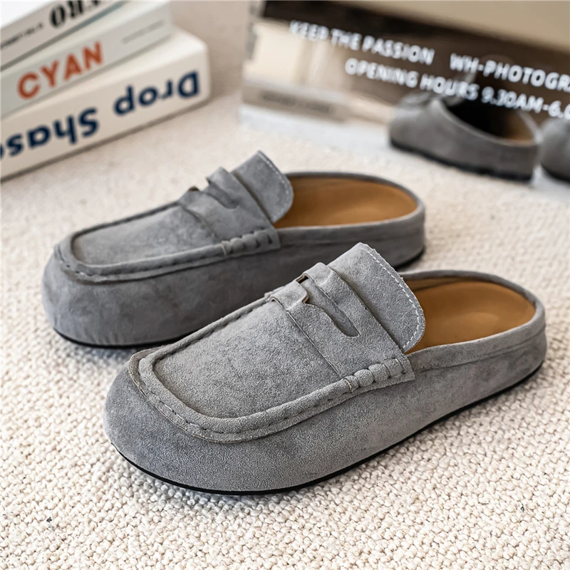 Fashion Comfortable Men's Casual Shoes Leather Loafers Half Slippers Slip-on Lazy Driving Shoes Couple Breathable Walking Shoes