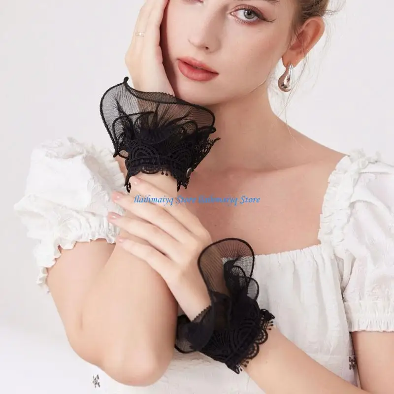 573B Detachable Cuffs Sheer Lace Hand Cuffs for Women, Ruffle Wrist Accessory Pair