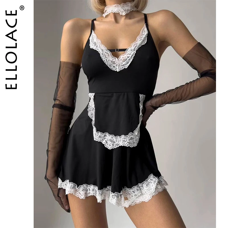 

Ellolace Fantasy Sexy Lingerie For Women Contrast Color Lace 4PCS Dress Set Cosplay Maid Uniform Party Roleplay Costume