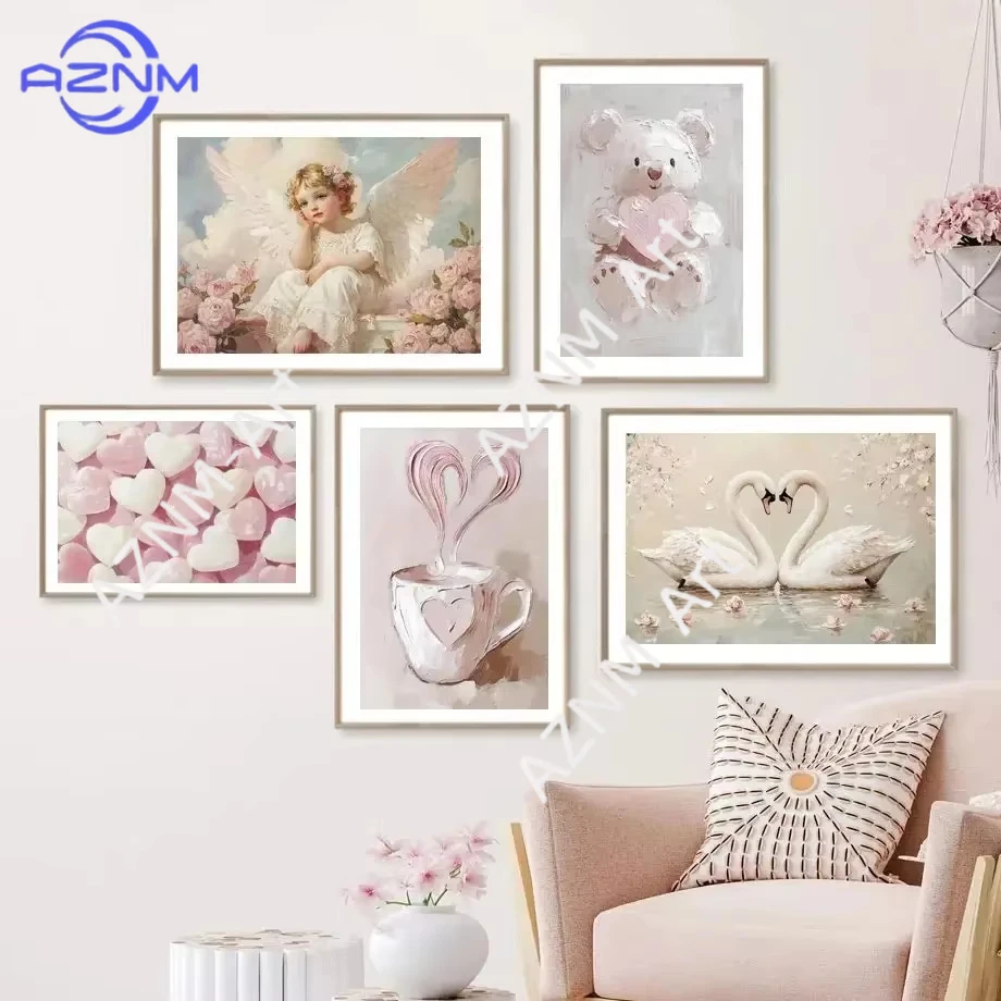 1pc Pink Girl Heart Retro Aesthetic Canvas Painting Little Bear Bow Love Butterfly Cupid Poster Home Room Decoration