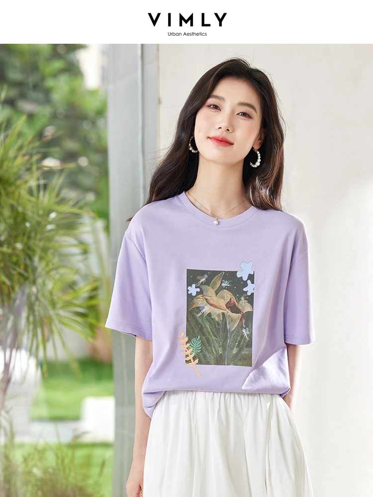 VIMLY Women's 100%Cotton Versatile Blouse Top Casual Straight Summer Tops Short Sleeve Womens Basic Loose Tee Shirt M8031