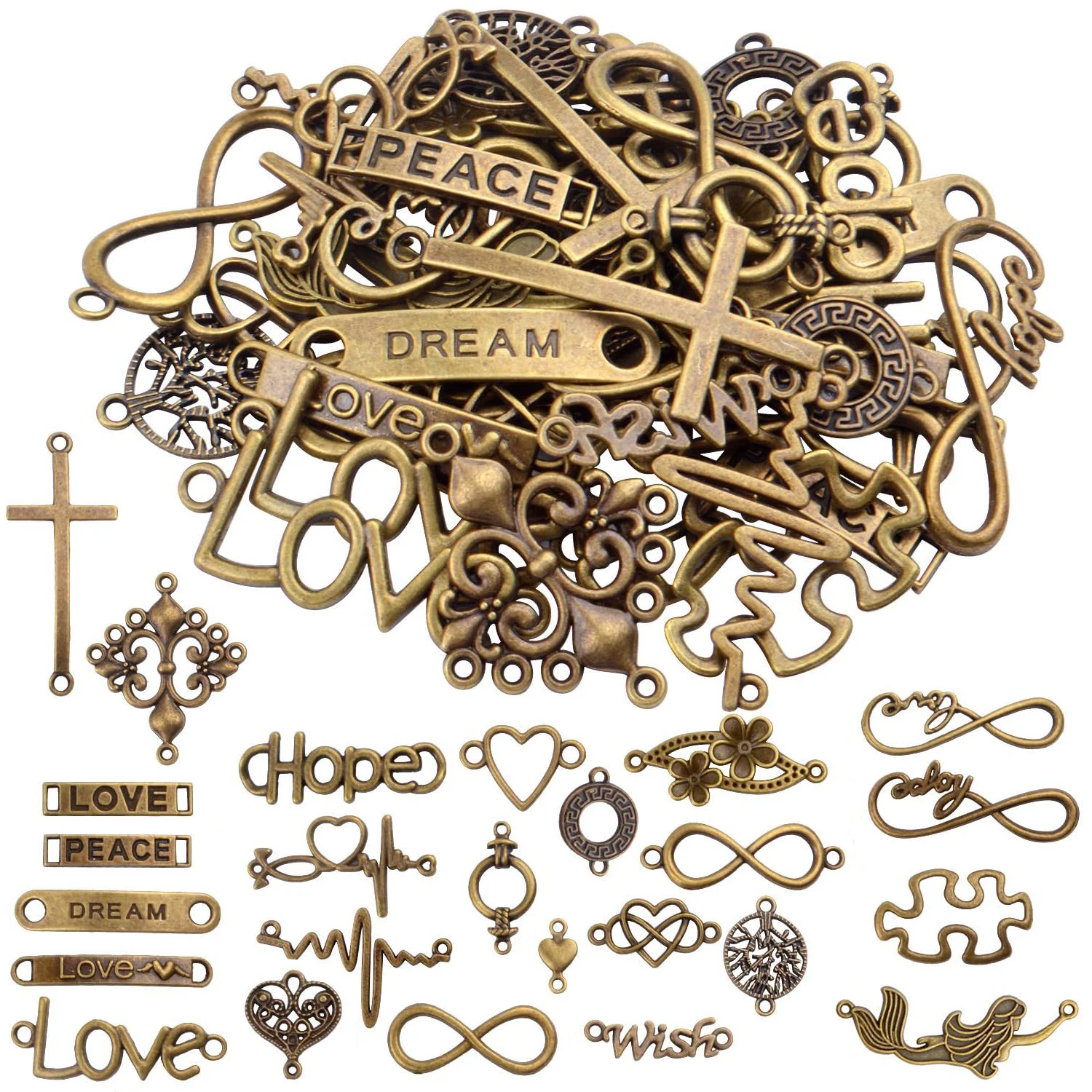 

50 штук смешанных подвесок-коннекторов с буквами и символом бесконечности для изготовления ожерелий, браслетов и украшений своими руками