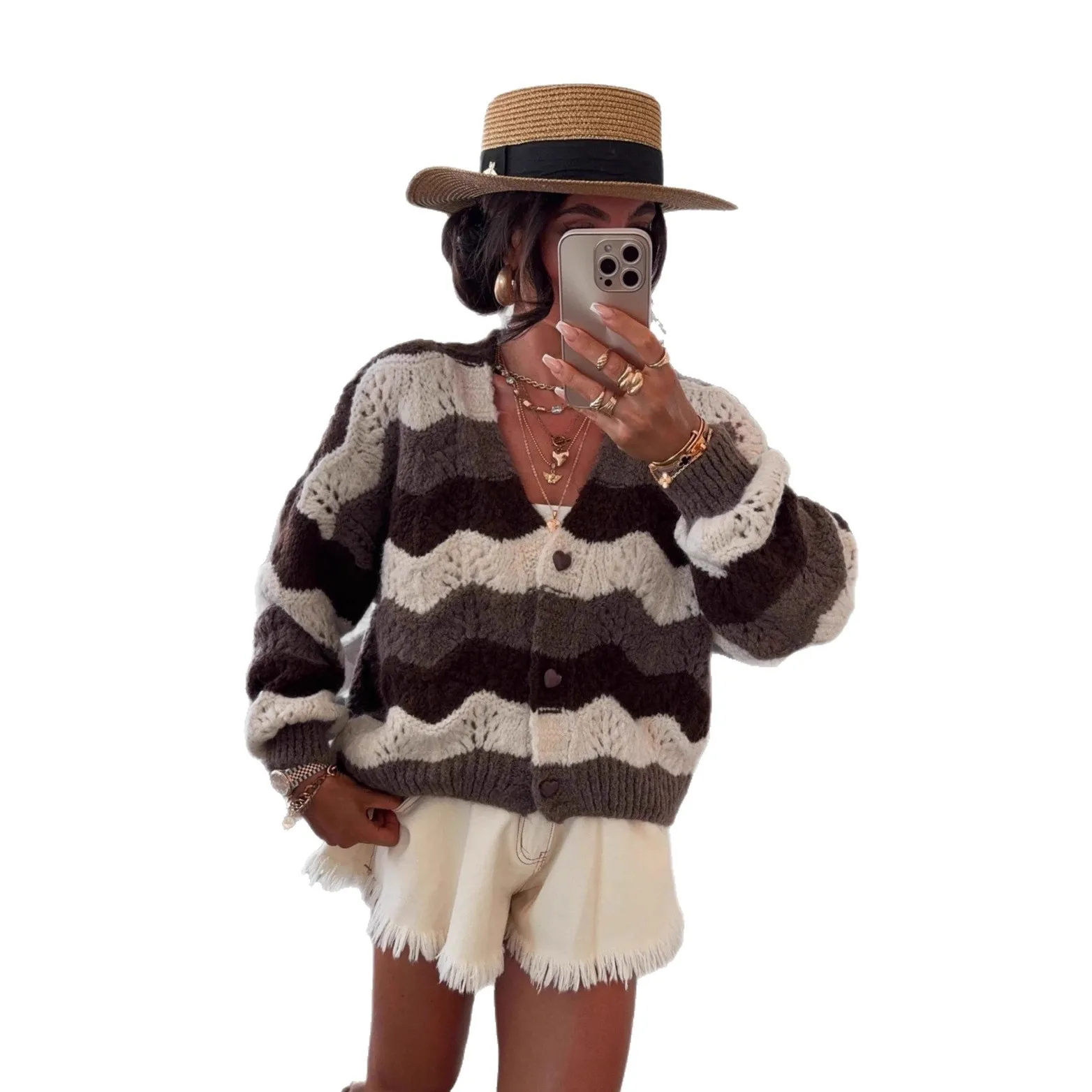 2026 موضة جديدة مطبوعة زر سترة مشغولة من الصوف المرأة الخريف عادية فضفاض الخامس الرقبة طويلة الأكمام سترة سترة للنساء