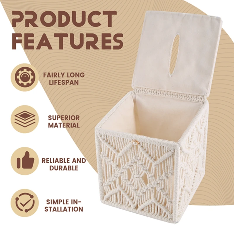 ●Tissue Box Cover Boho Decor Square Paper Tissue Holder with Bead Buckle Macrame Napkin Tissues Organizer Home Decor