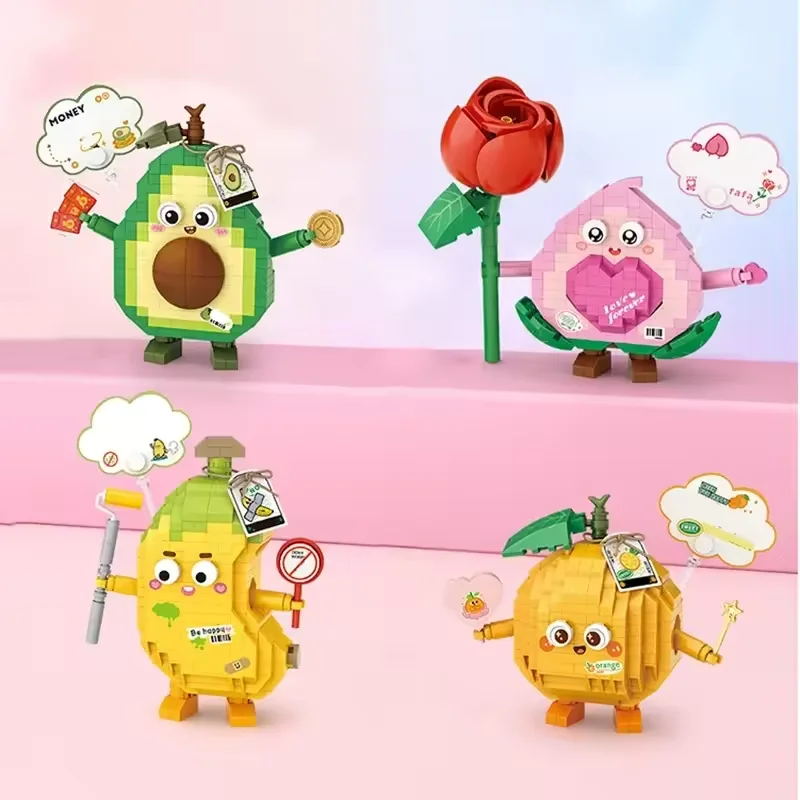 Bonitos personajes de frutas, bloques de construcción, aguacate, melocotón, naranja, Mango, adorables ladrillos decorativos, juguetes para niños y adultos, regalo