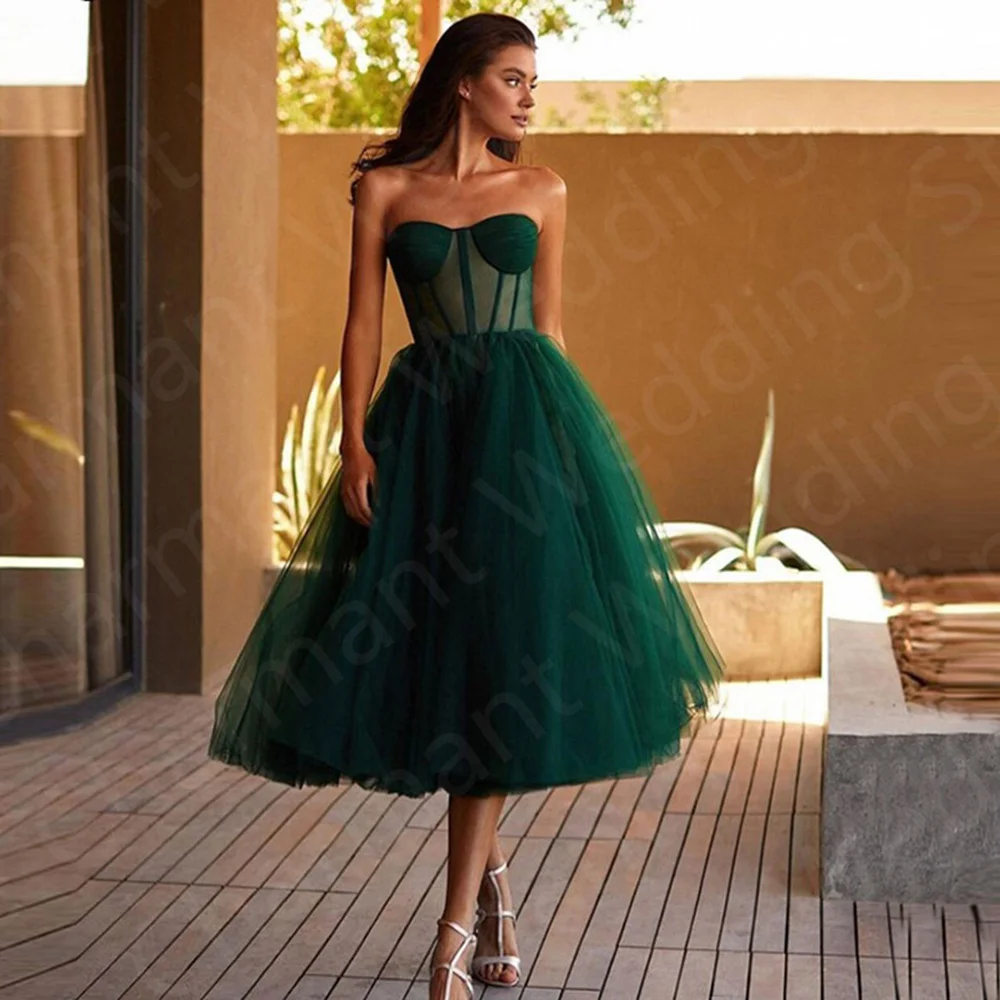 On Sale Simple Dark Green Prom Gowns Tea Length Sleeveless Evening Dress Strapless Tulle Wedding Party  Illusion Bodice