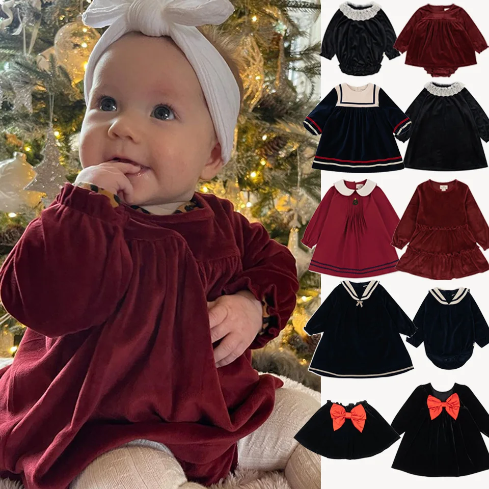 

25 Winter New Children's Clothing Christmas Kids Girls Long-sleeved Princess Dresses Bow Velvet Skirt and Baby Girls Romper