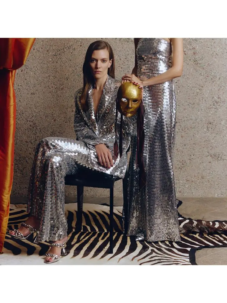 

2025 Spring And Summer European Fashion One Button Mesh Elegant Sequin Suit + Pants Trousers Sets For Women 2 Pieces