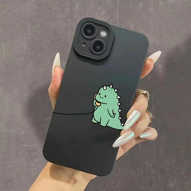 Cute Cartoon Green Dinosaur Couple Phone Case For iPhone 16 11 12 13 14 15 Pro Max Mini X XS Max XR 7 8 Plus Funny  Soft Cover