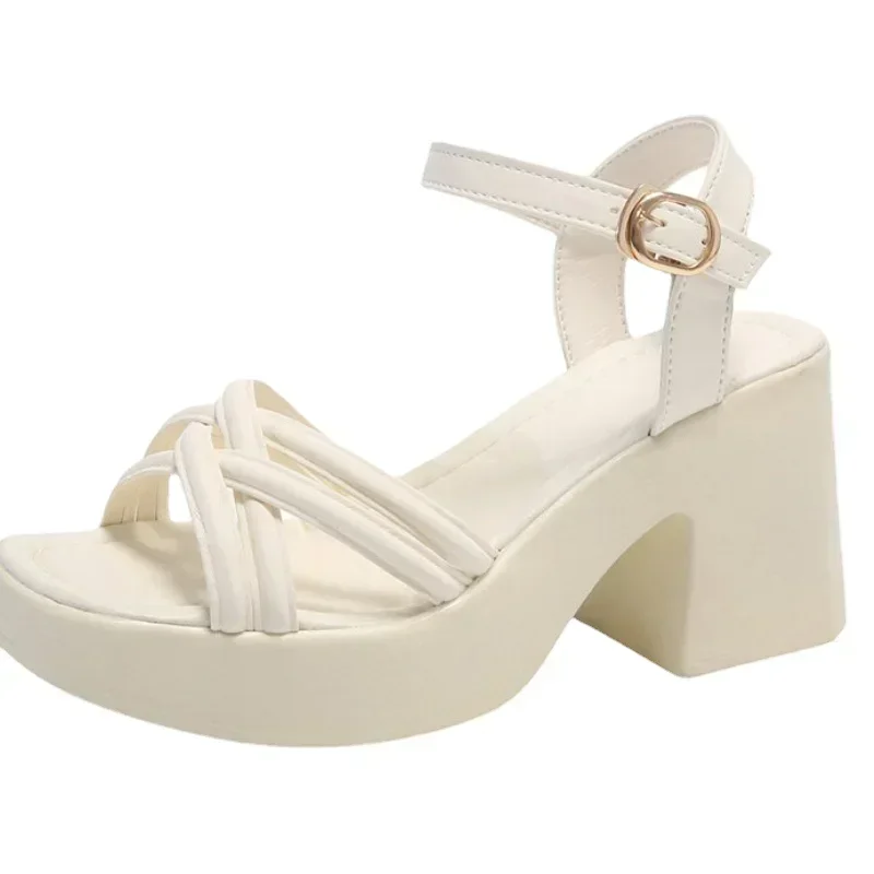 2024 New Fashion Summer Open Round Toe Bottom Buckle Shallow Mouth Casual Thick High Heel Large Women\'s Sandals 35-42
