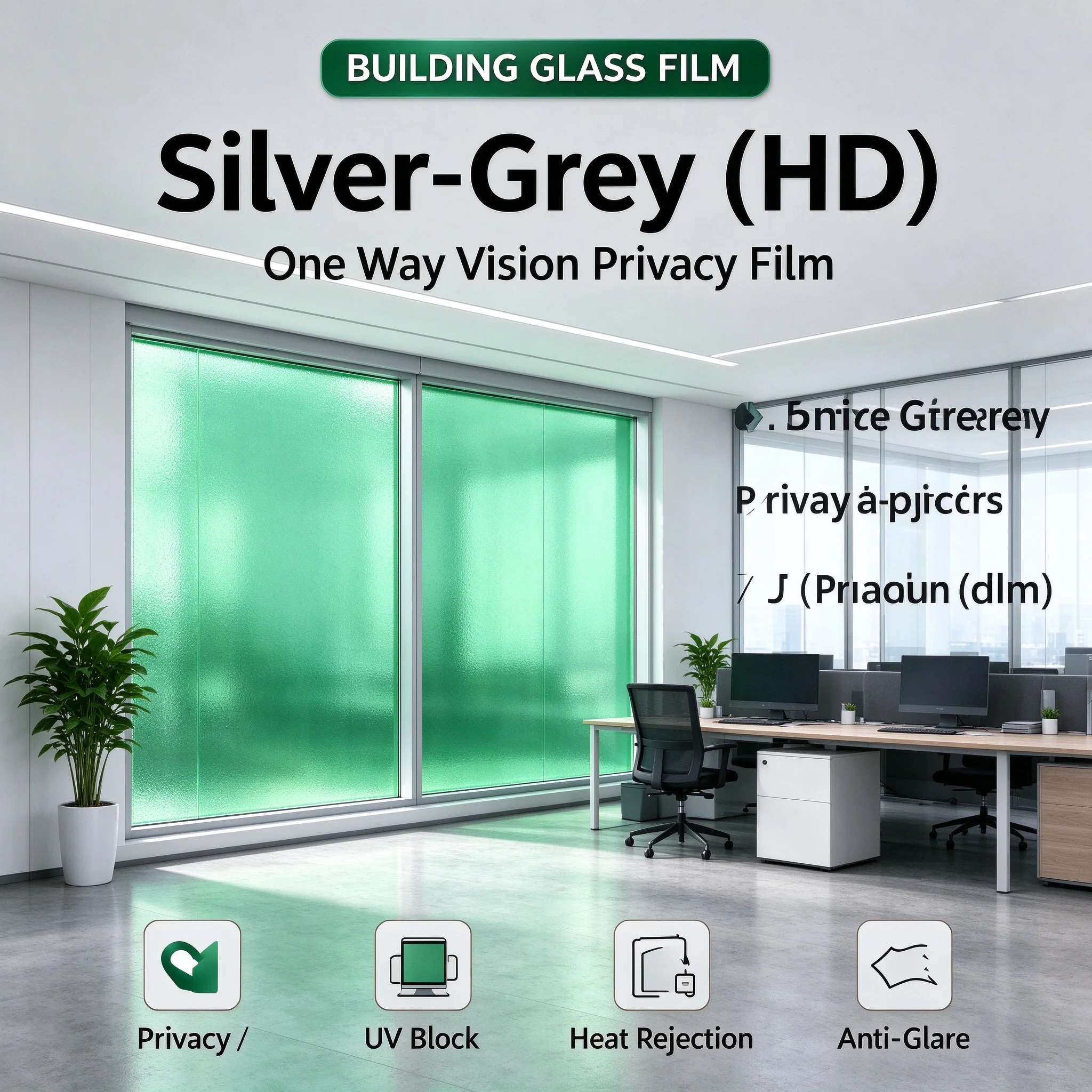 Silver Green HD One Way Vision Window Film Roll Solar Heat Insulation Privacy Glass Tint For Building Home Windows