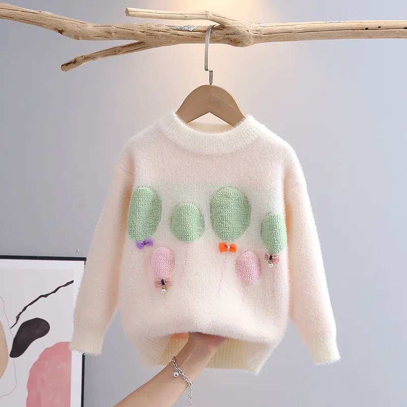 Fuzzy Faux Mink Fleece Crew Neck Pullover Sweater for Girl Lovely Fabric Balloon Appliques Holiday Outfits with Tiny Bow JY07281