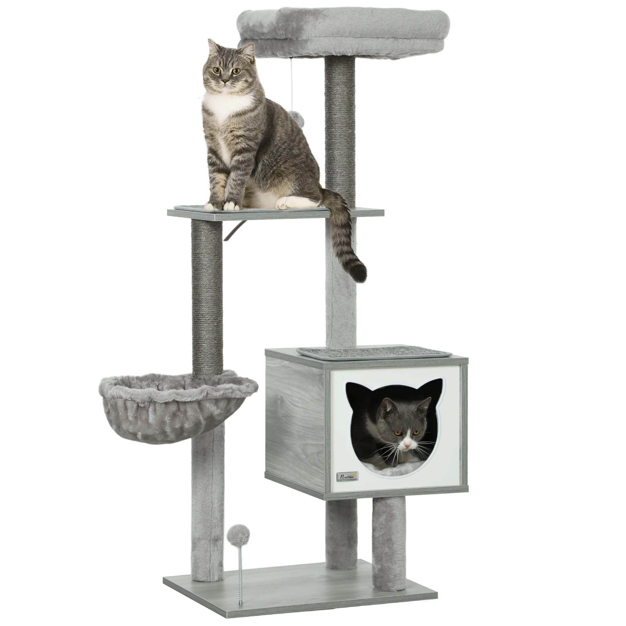Pawhut Krabpaal met Platform Klimtoren voor Katten met Hangmat Huis Bedpalen 48X40X126 cm Grijs