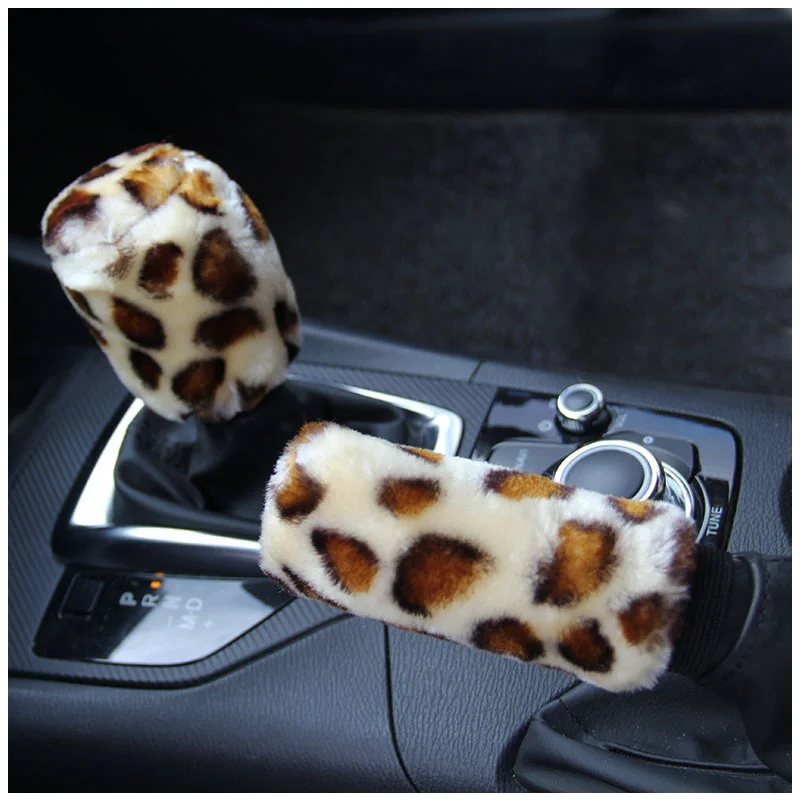 Universal Steering-wheel Plush Leopard Car Steering Wheel Covers Winter fur Hand Brake Gear Cover Set Car Interior Accessories