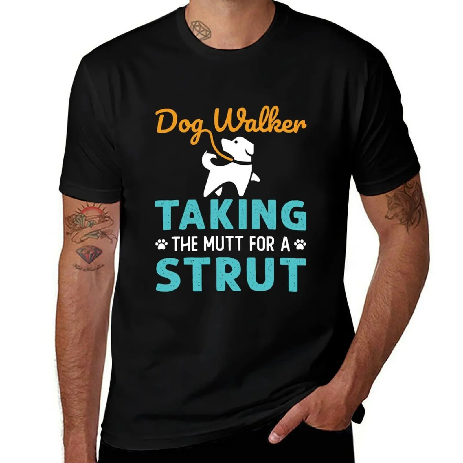Dog Walker Taking the Mutt for a Strut T-Shirt Basic Short Sleeve Cotton Blend T-Shirt