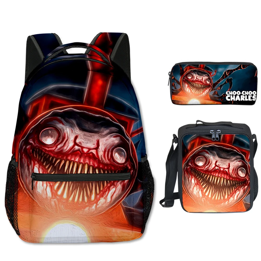 Popular Novelty Cool Choo-Choo Charles 3D Print 3pcs/Set Student School Bags Laptop Backpack Crossbody Lunch bag Pencil Case