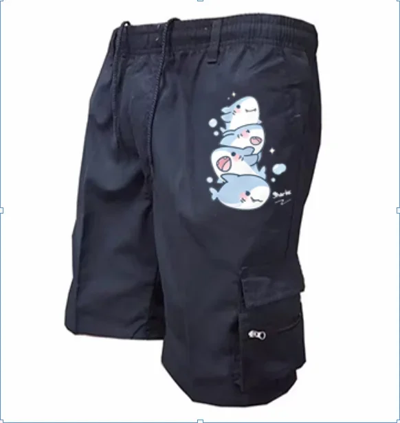 Cute Cartoon Shark Print Mens Cargo Shorts Elastic Drawstring Multi Zipper Pocket Outdoor Casual Short Pants