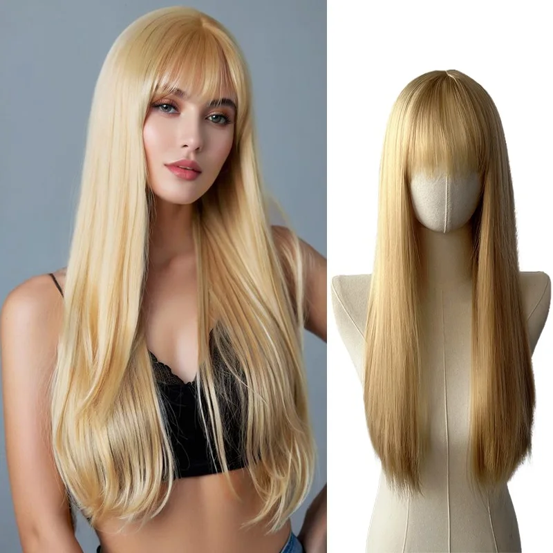Long straight synthetic wig, Halloween wig, cosplay wig, role-playing wig, daily party high-temperature silk wig cap