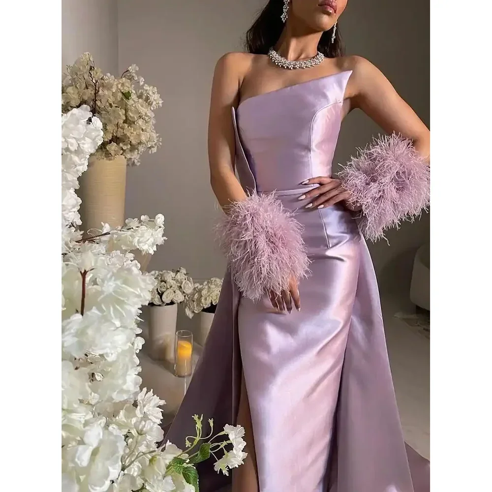Vestidos de Noche de plumas púrpuras, vestidos de fiesta sin mangas, vaina plisada, elegante, abertura lateral, tren de barrido, vestidos de graduación
