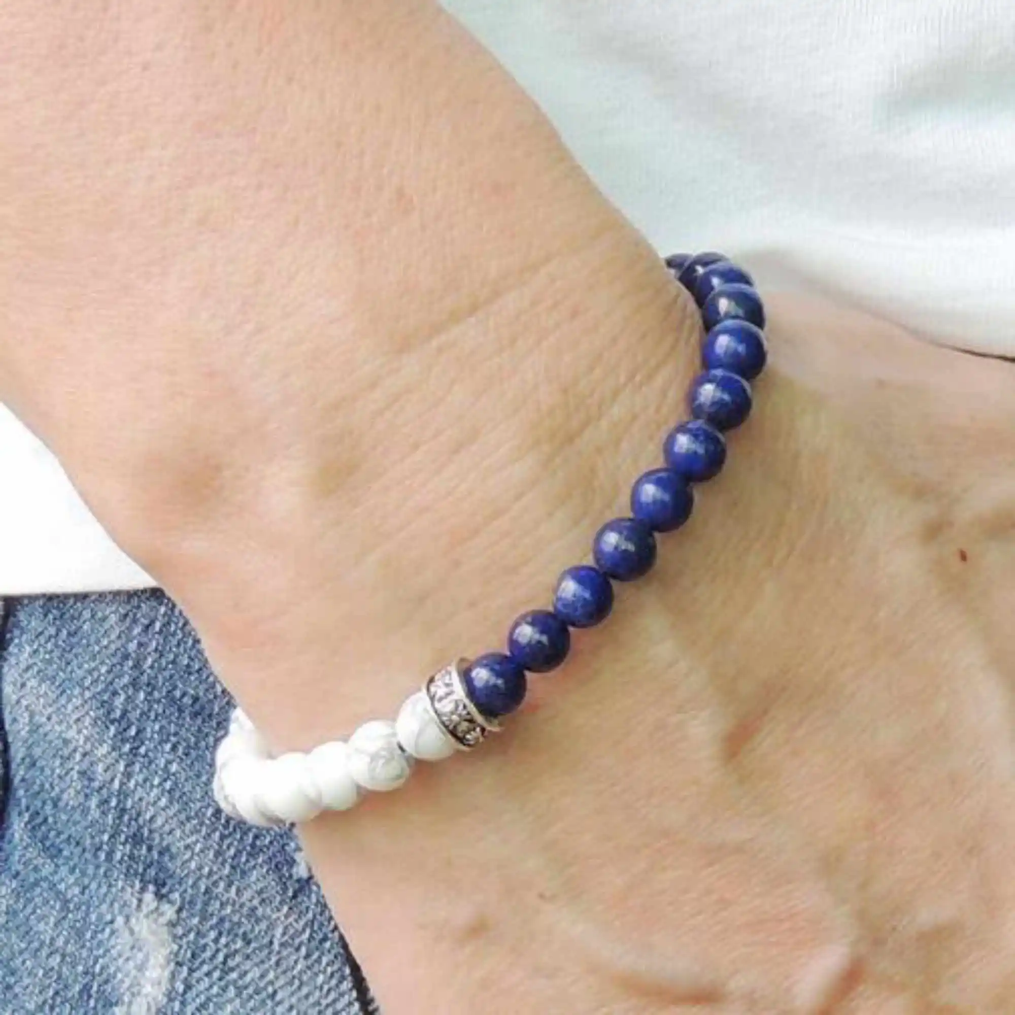 6mm Men's Holy Cross Bracelet Pattern Bead Lapis Howlite Healing Stone Handmade Stackable Men Bohemian Unisex Unique Prayer