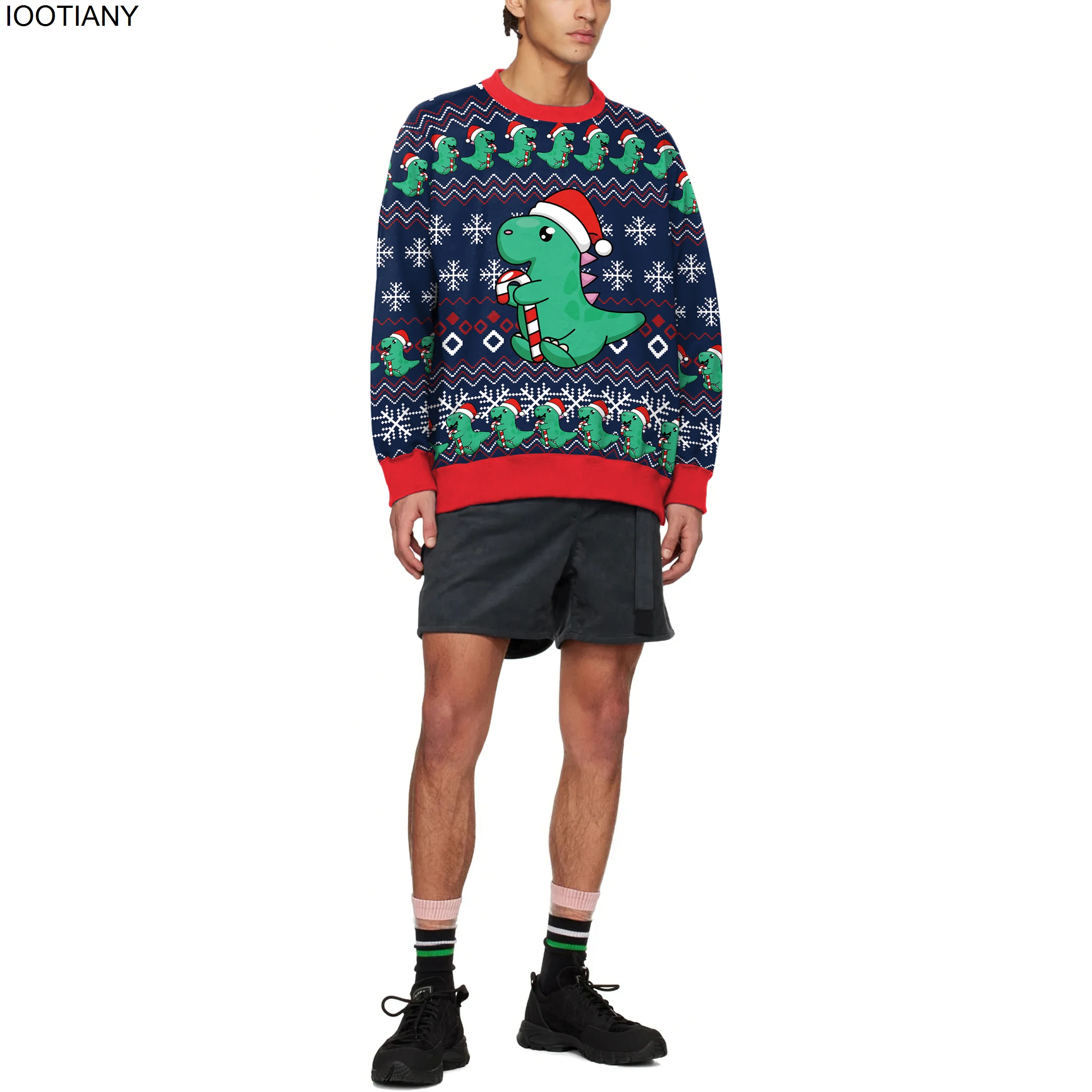 IOOTIANY Men Autumn Party Holiday Pullovers 3D Printed Loose Sweatshirts Top Funny Cute Cartoon Dinosaur Ugly Christmas Sweater