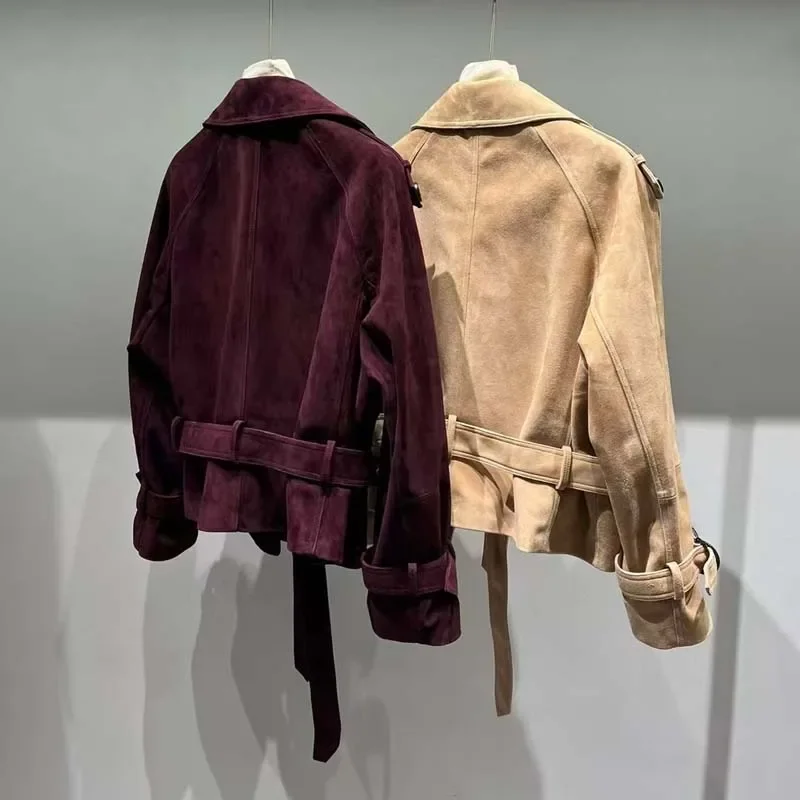 スエードレザージャケットターンダウン襟服女性コート春と秋の新着ショート女性服ベルト