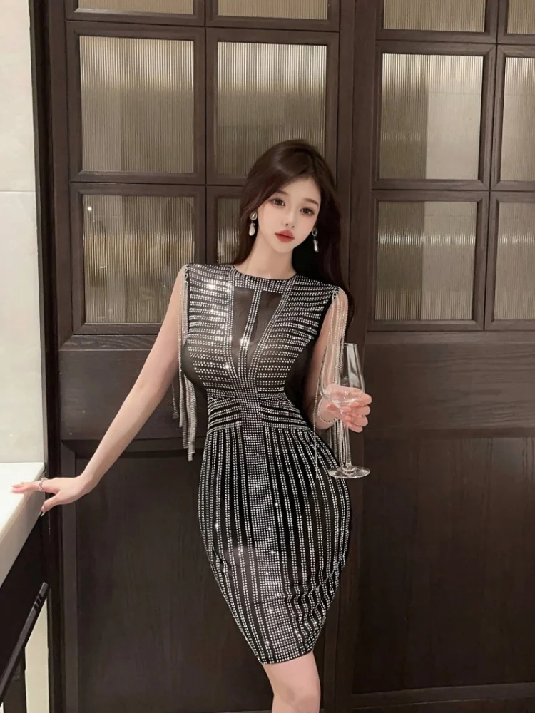 New Fashion Sexy Mesh Rhinestone Sleeveless Tassel Dress Women's Runway Party Dress Vestidos